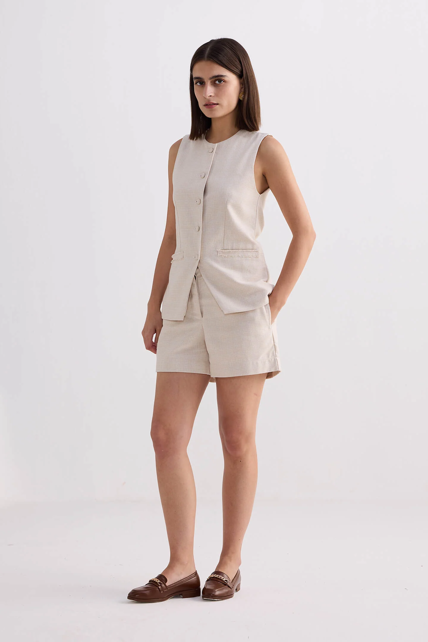 Cotton Tweed Vest Jacket in Cream - Image 3