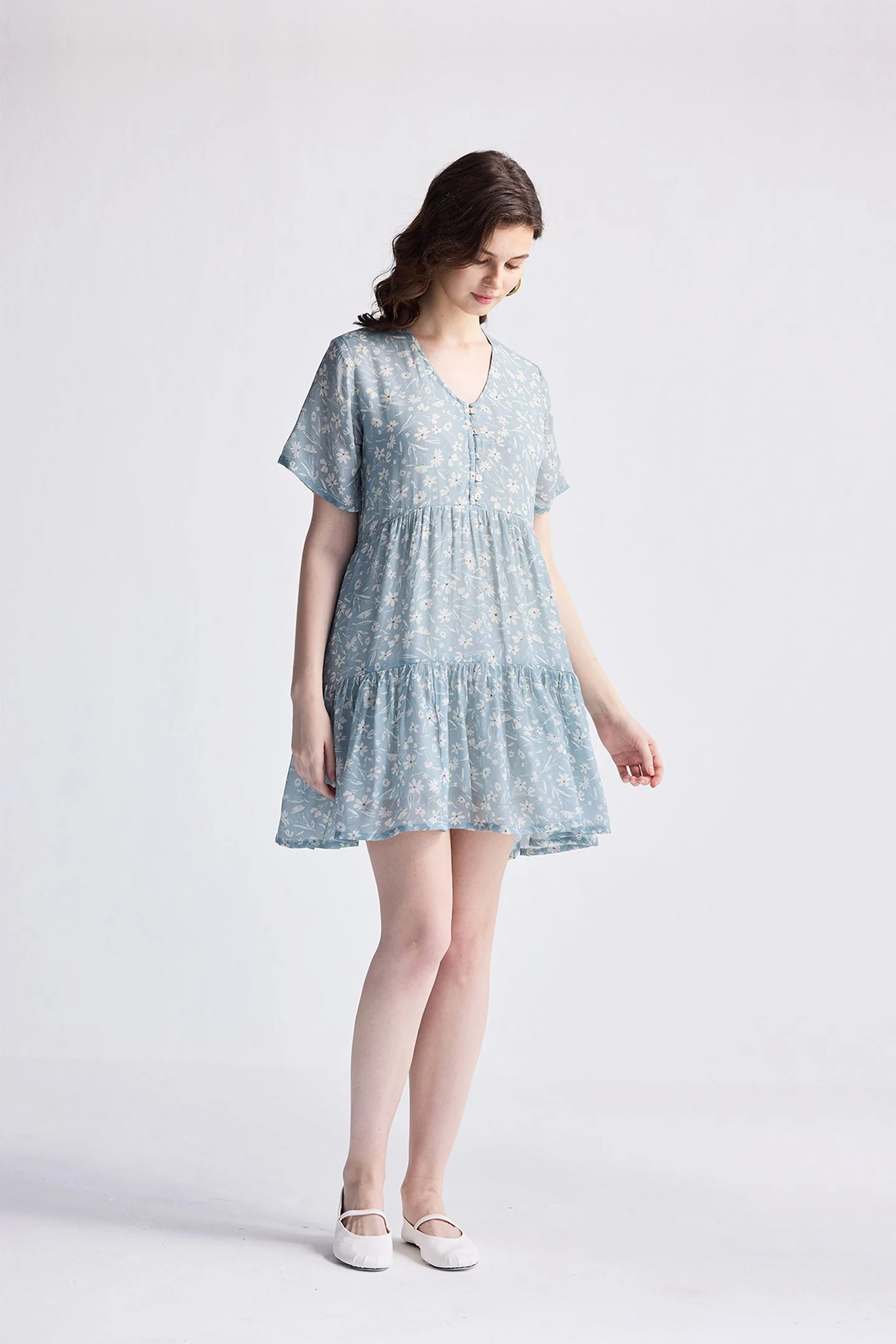 Floral Short Tiered dress in Light Blue