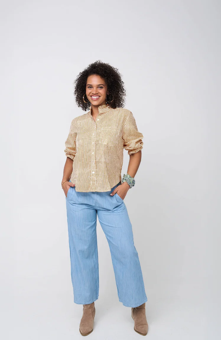 Good Girlfriend Shirt with Ruffle Trim Menswear Stripe Mocha