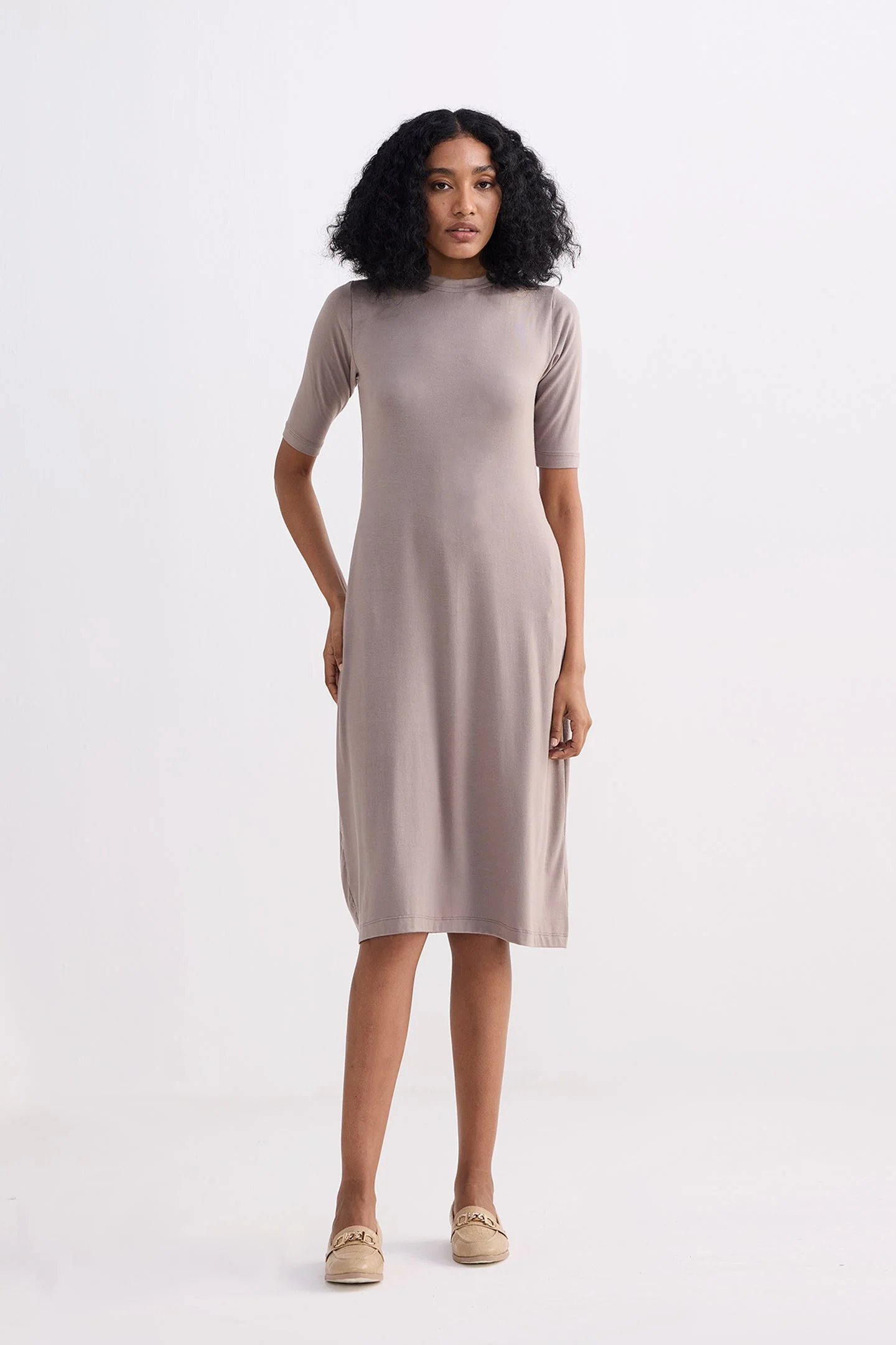 High Crew Neck Elbow Sleeves Fitted Dress in Earth Grey